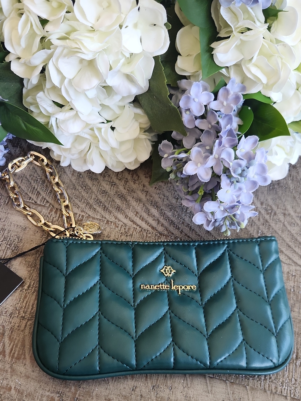 Nanette Lepore Teal Quilted Wristlet with Gold Chain